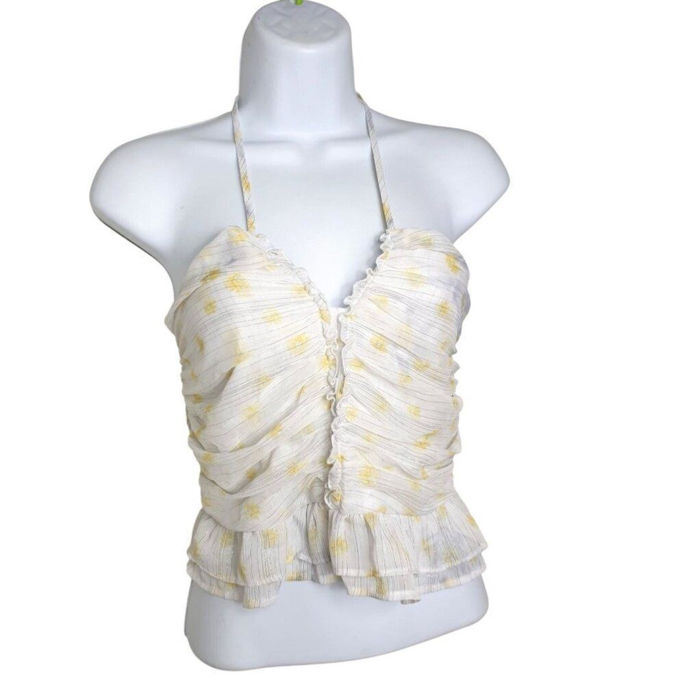 Ruched Yellow Floral Halter Top By Forever 21 Ruffle Hem Back Tie Closure White